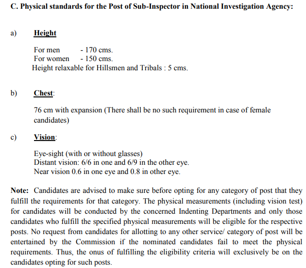 SSC CGL Eligibility Physical Standards For NIA